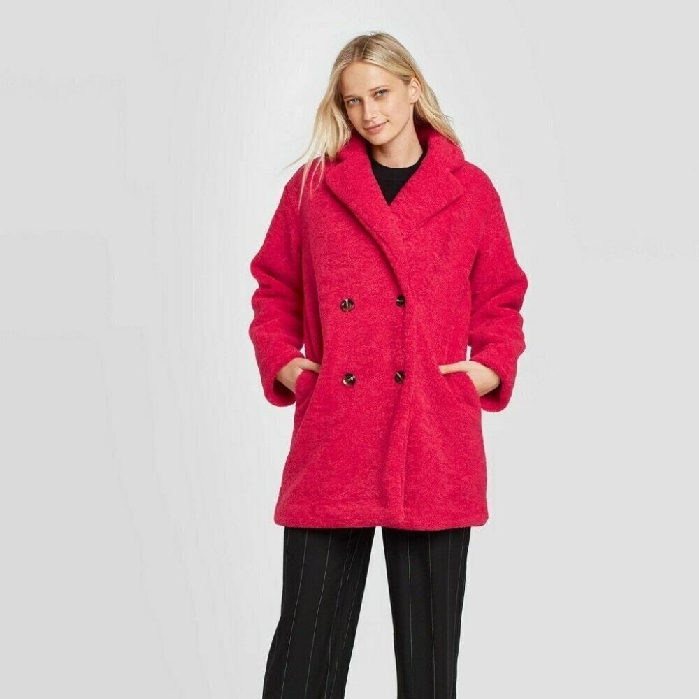 Women's Long Sleeve Double Breasted Faux Fur Coat - Who What Wear Pink S